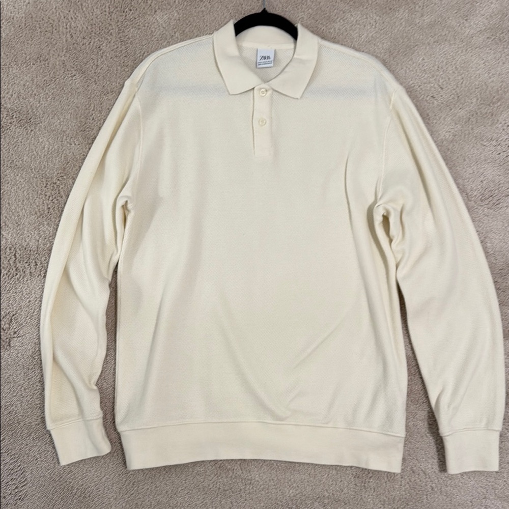 Zara Cream Polo Shirt Knit Long Sleeve